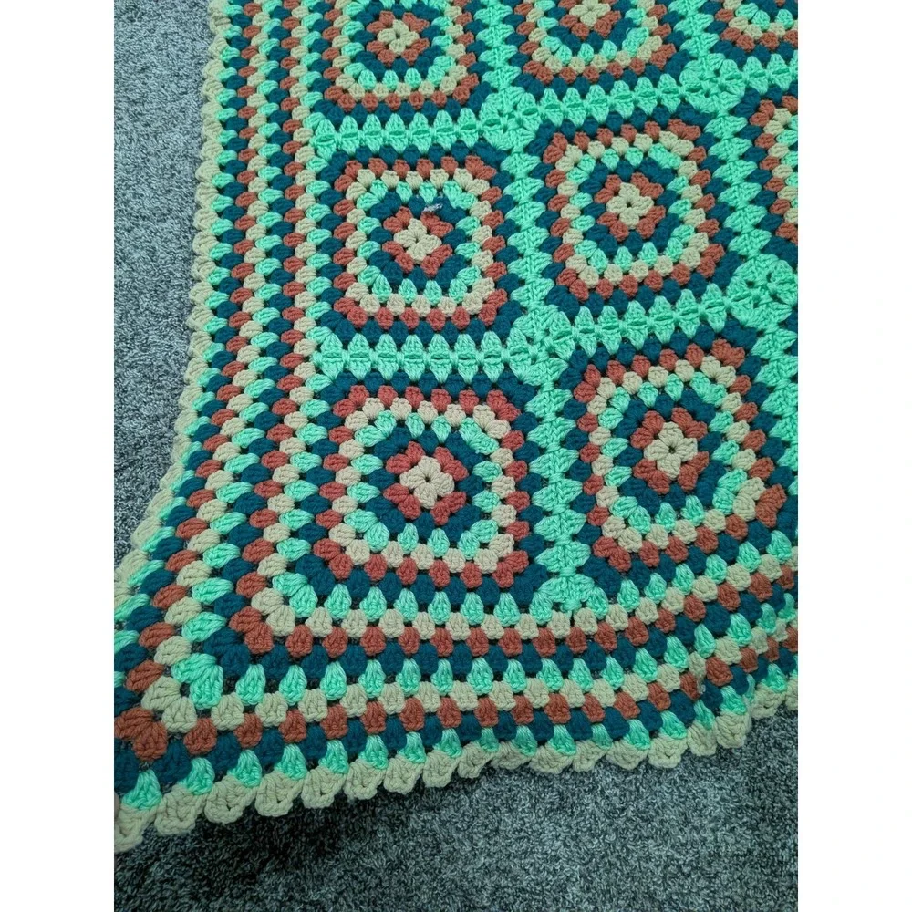 Vtg Granny Square Crochet Throw Blanket Afghan 60x90 Handmade Green Pink